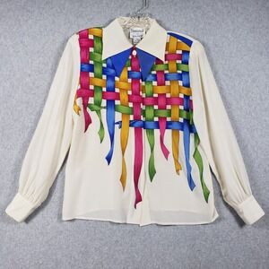 Francesca of Damon 80s 100% Silk Blouse Trompe L'oeil Ribbon Bow Print Vintage 4